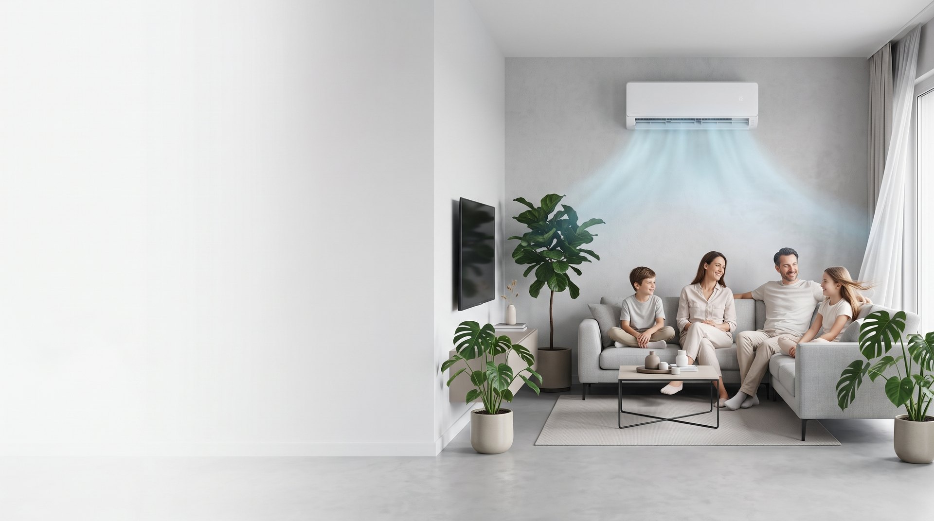 Une famille au salon, sous une climatisation murale