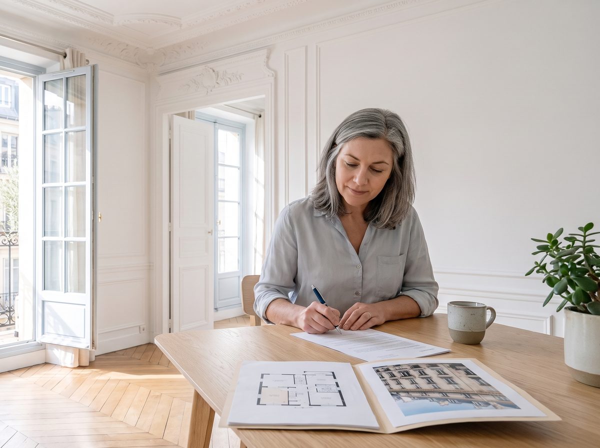 Dans son appartement parisien, une copropriétaire signe la demande préparée pour le syndic