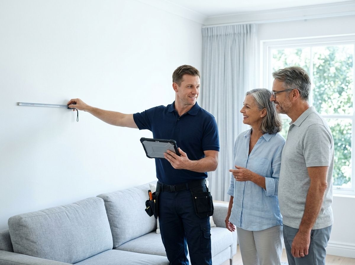 L'installateur partenaire mesure le mur prévu, avec les propriétaires