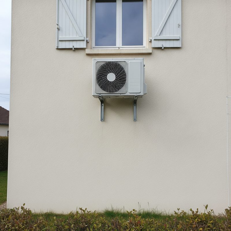 Groupe extérieur de climatisation fixé sur une console murale sous une fenêtre