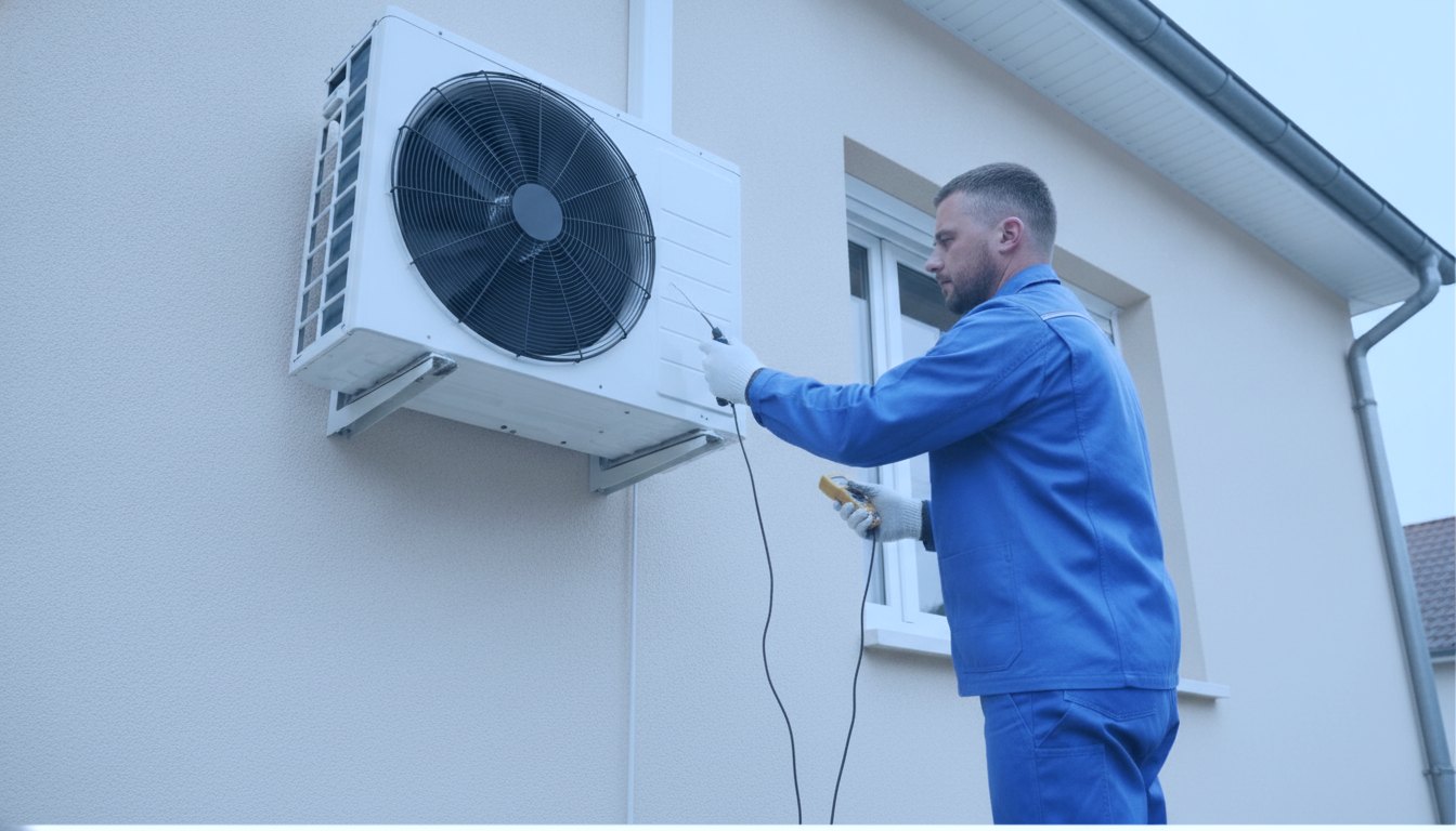 Un installateur raccorde un groupe extérieur de climatisation fixé en façade