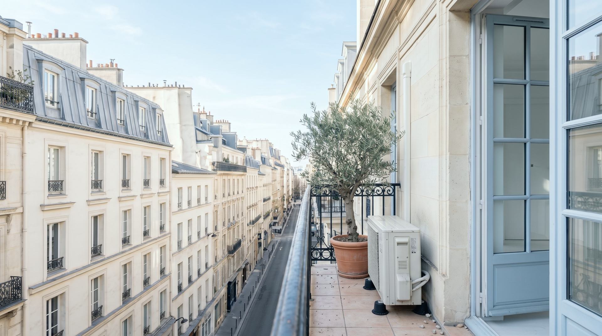 Balcon d'un immeuble parisien, avec le groupe extérieur d'une climatisation posé sur ses pieds