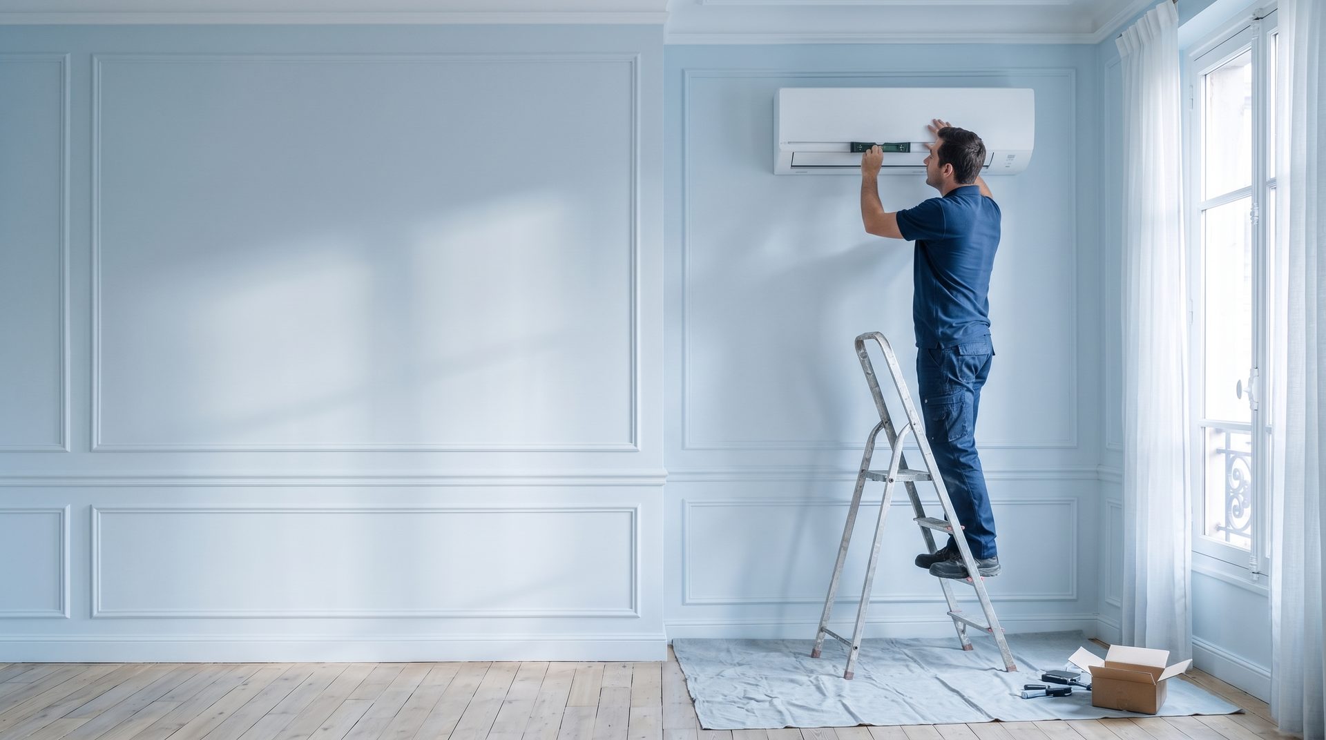 Un installateur fixe une unité intérieure de climatisation au mur d'un salon