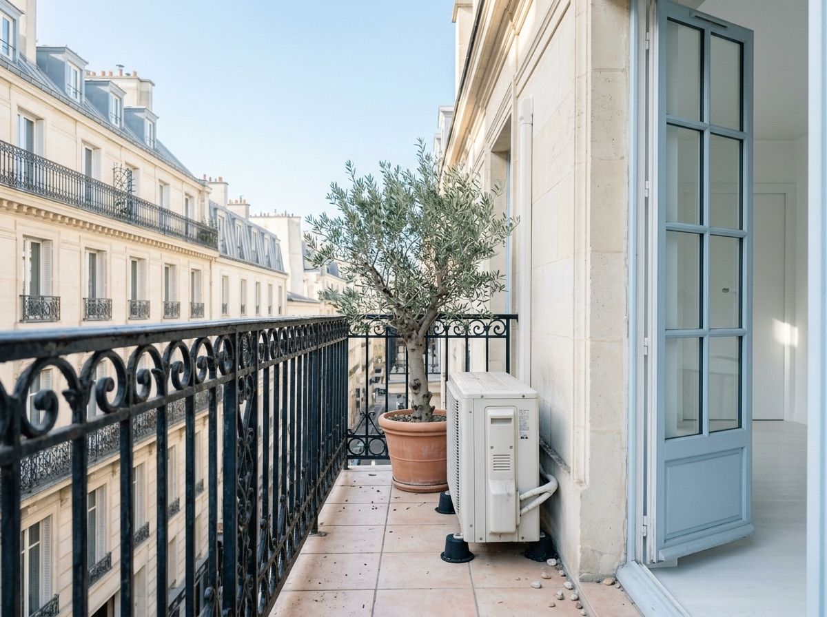 Balcon parisien avec un groupe extérieur de climatisation posé au sol