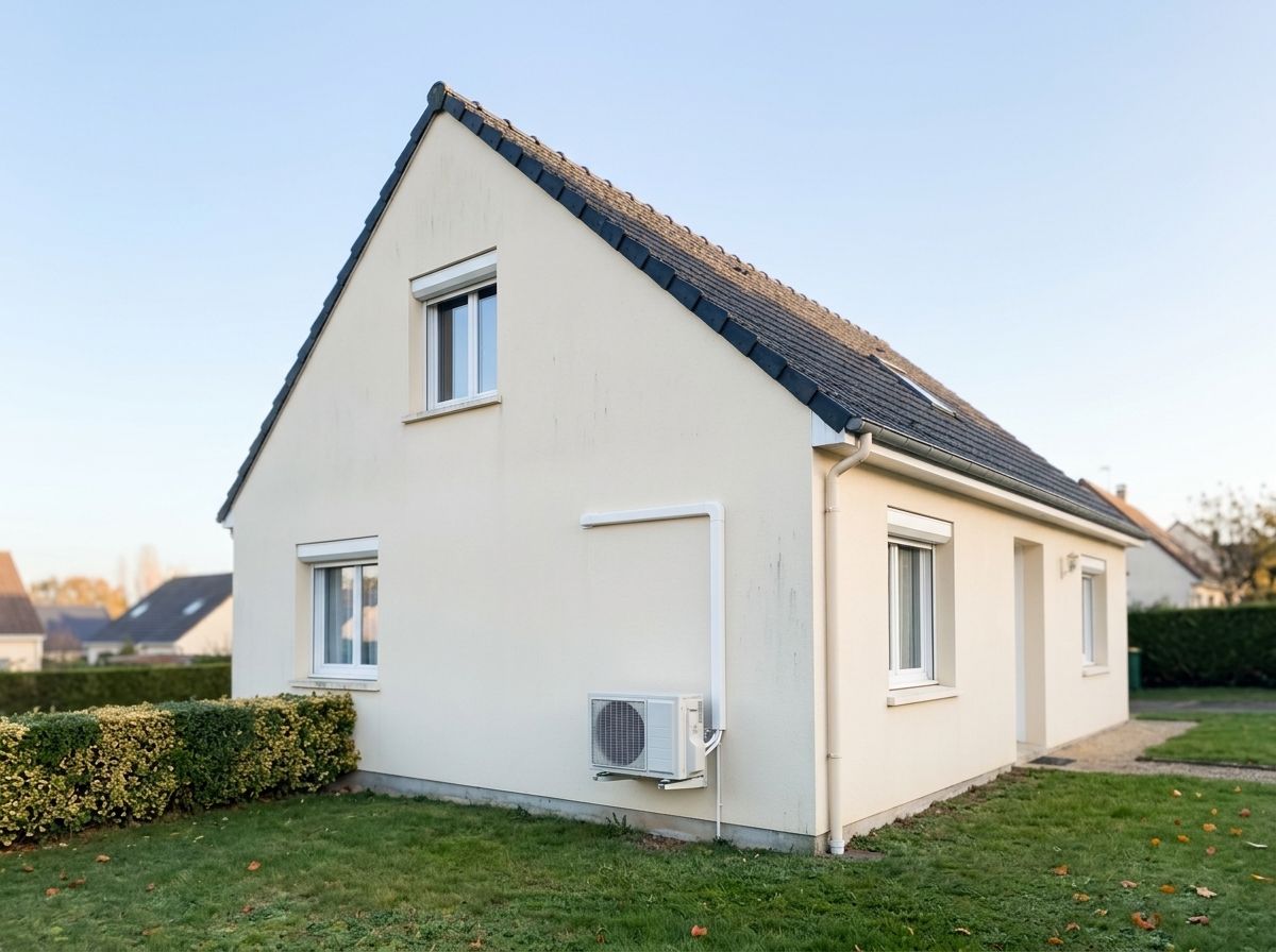 Maison individuelle avec son groupe extérieur de climatisation fixé au mur