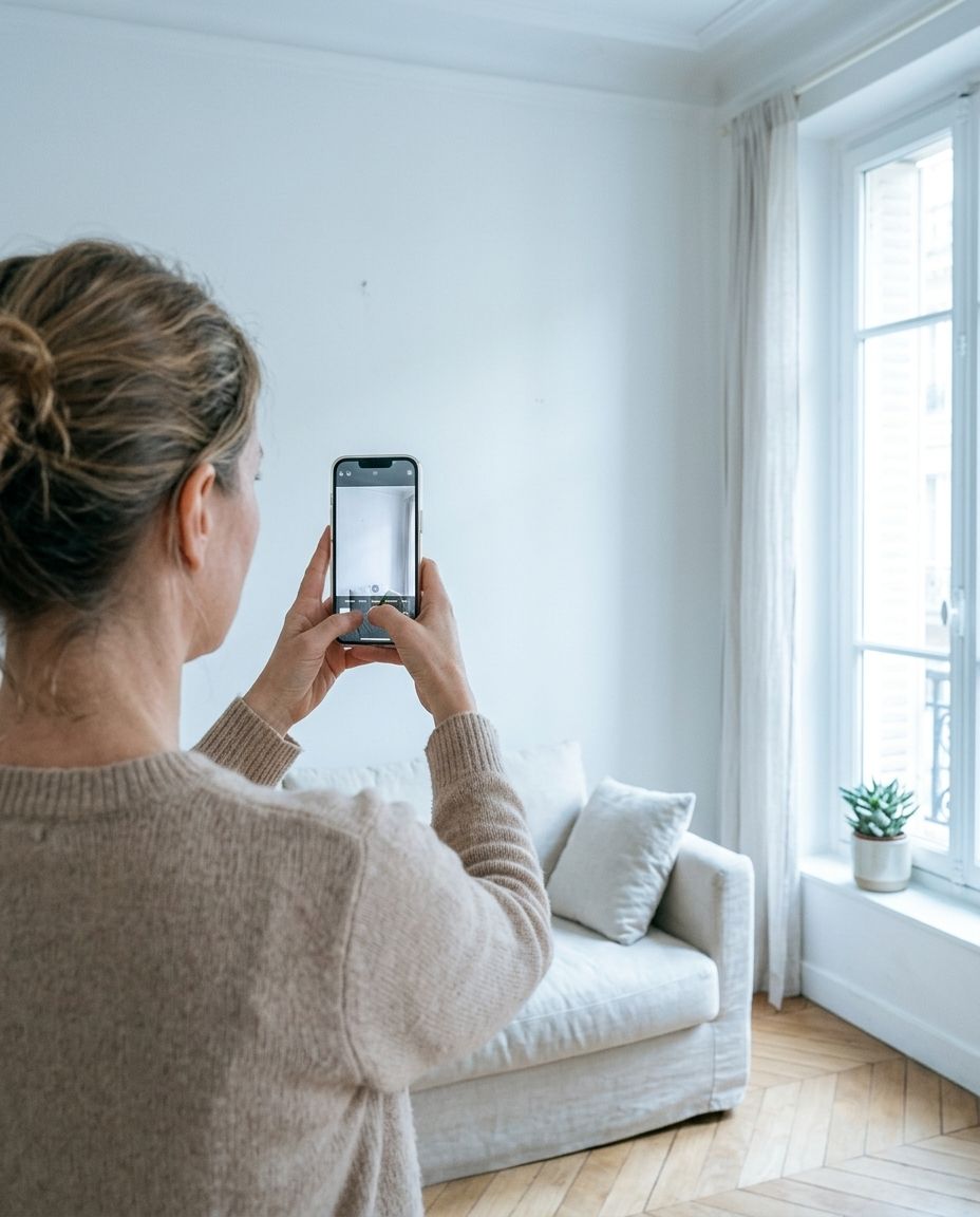 Une cliente photographie avec son téléphone le mur où sa climatisation sera posée