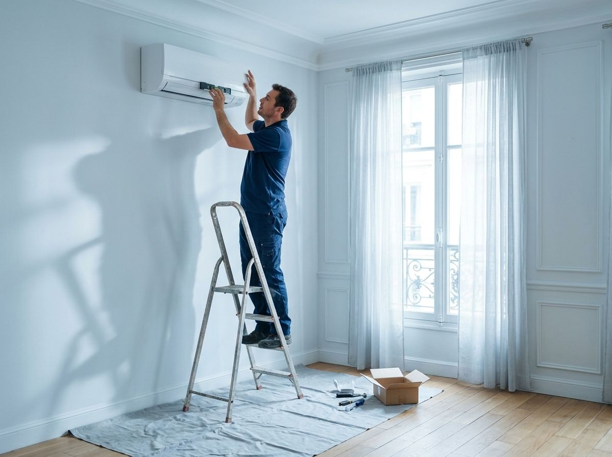 Un installateur fixe une unité intérieure de climatisation au mur